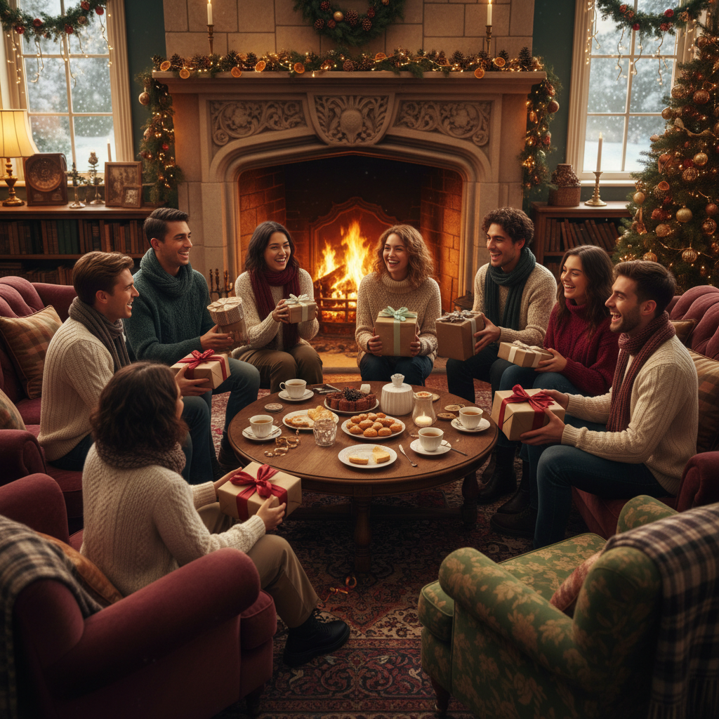 英国冬天温暖的室内，一群青春活泼快乐的好朋友在互相送礼的场景，方形图片1:1高清输出