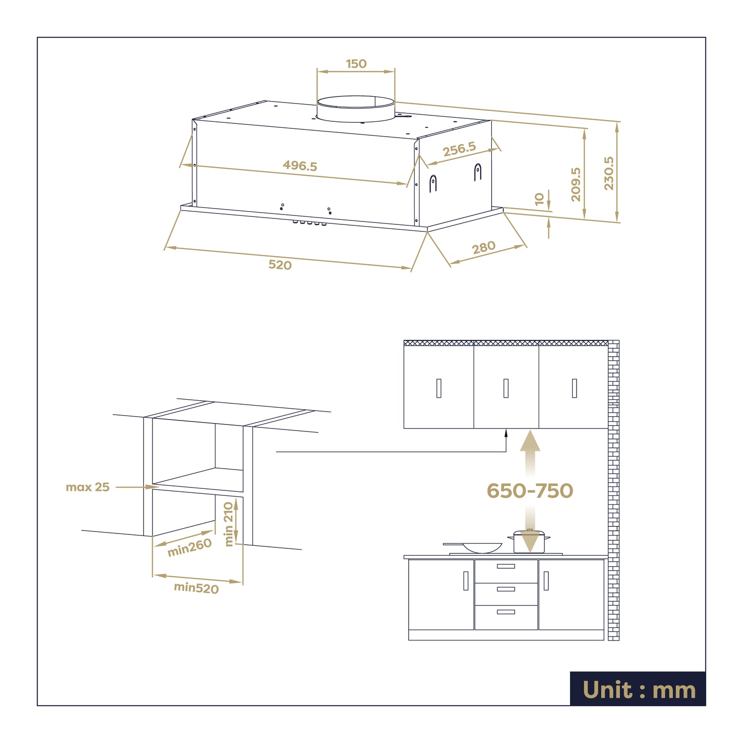 CIARRA CBCB5937A 52cm integrated cooker hood installation dimensions