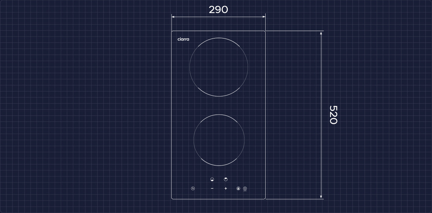 Technical drawing of a kitchen stove with dimensions on a grid background