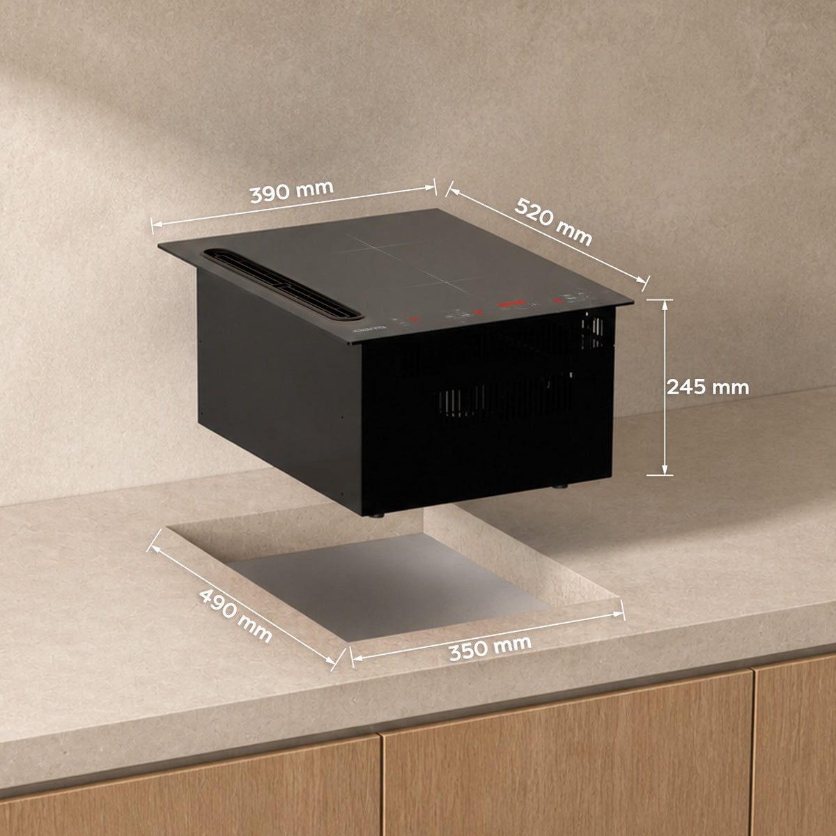 3D dimension drawing of Ciarra CBBEH3952-2B black 39cm built-in downdraft induction hob with extractor