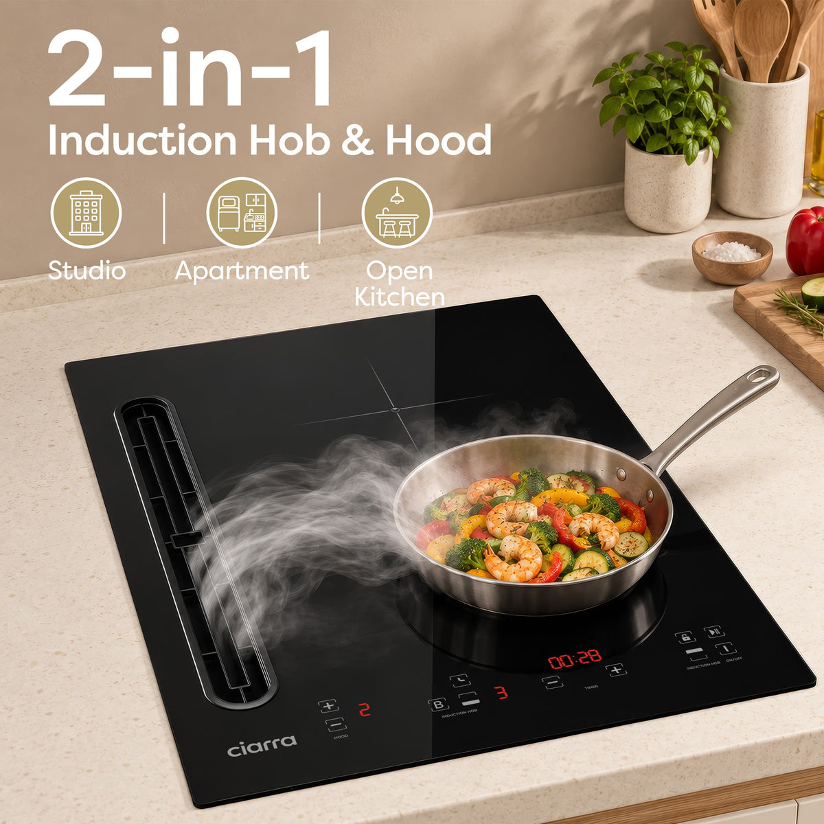 Black 39cm Ciarra CBBEH3952-2B 2-in-1 induction hob and cooker hood, downdraft extractor for modern compact kitchen