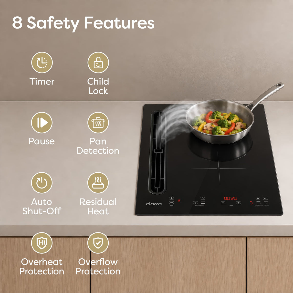Ciarra CBBEH3952-2B 39cm integrated downdraft induction hob showing built-in safety features for home cooking