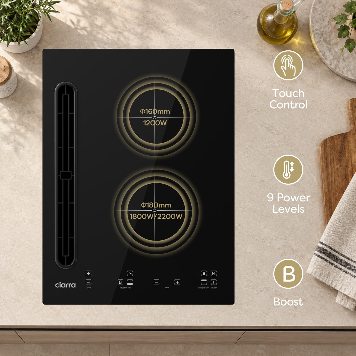 Black Ciarra CBBEH3952-2B 39cm 2 zone induction hob, cooking zones power diagram on kitchen worktop