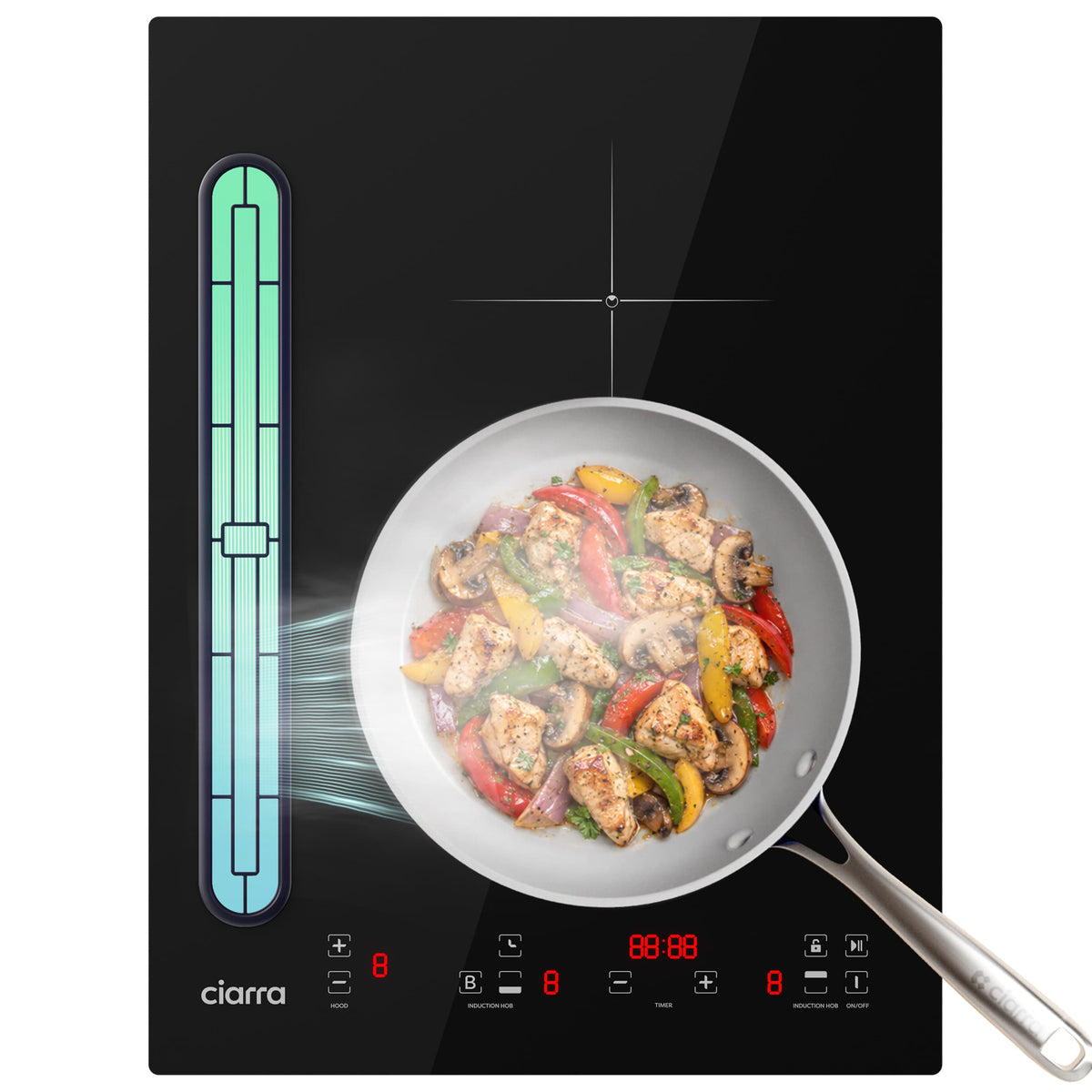 Black 39cm Ciarra CBBEH3952-2B downdraft induction hob, 505m³/h cooker hood capturing cooking steam from frying pan