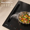 Black 39cm Ciarra CBBEH3952-2B induction hob, max 505m³/h downdraft extractor capturing cooking fumes