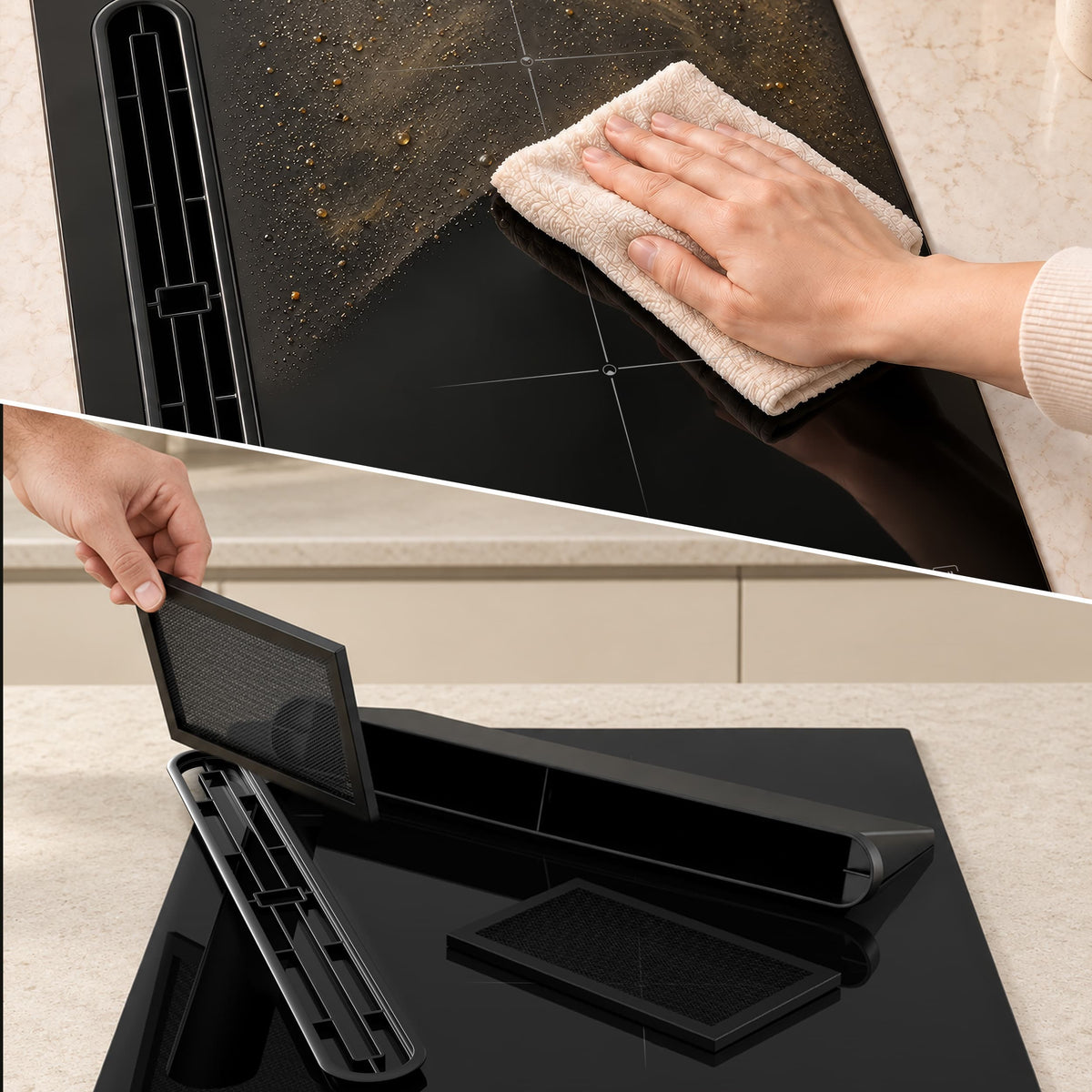 Easy clean design for Ciarra CBBEH3952-2B 39cm integrated induction hob, removable extractor filter and glass surface