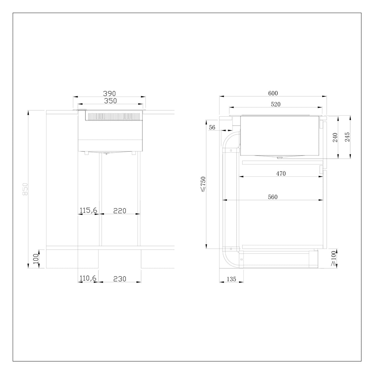 Technical dimension drawing of Ciarra CBBEH3952-2B 39cm downdraft induction hob with integrated cooker hood