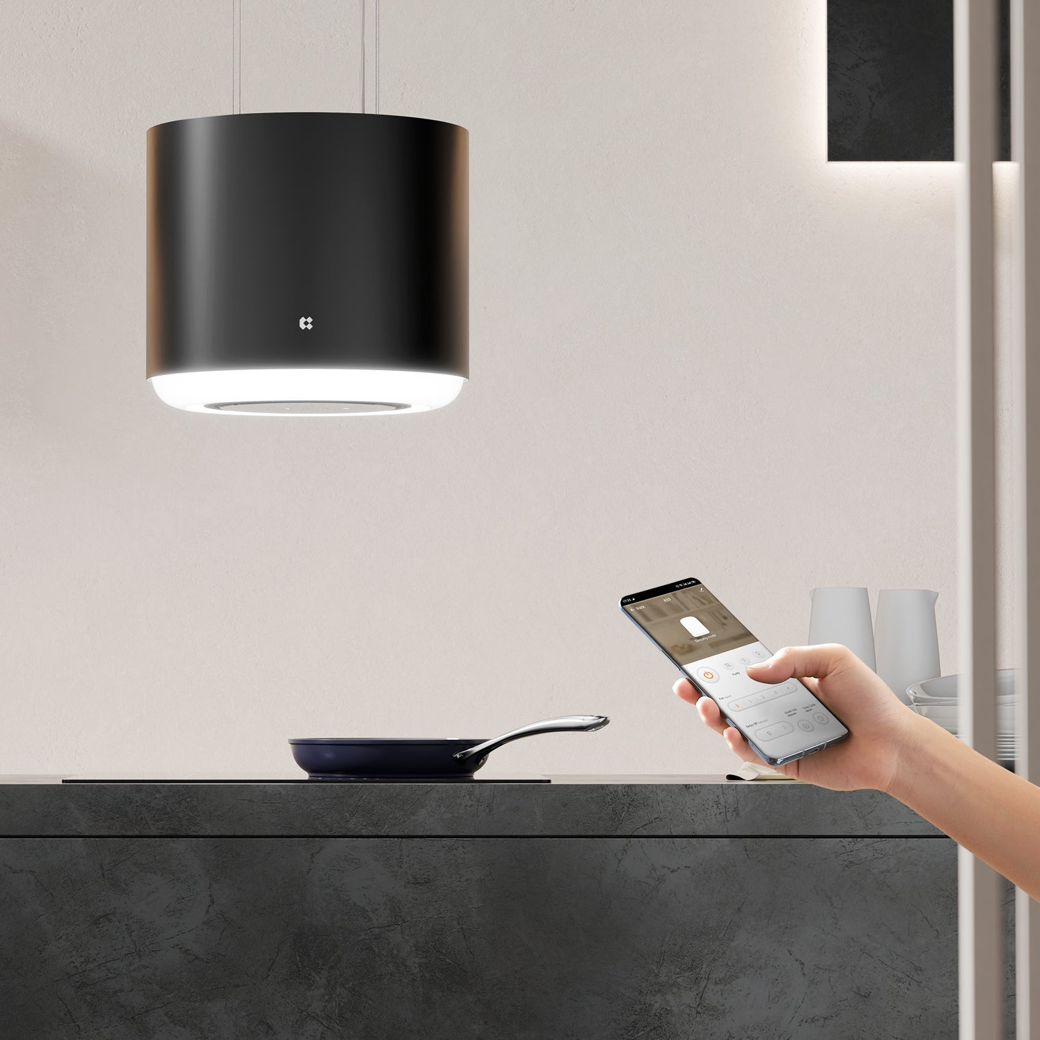 Bluetooth controls Ciarra Smart fashion Island Cooker Hoods/Range hoods function extractor built-in range hood with LED lighting is mounted almost invisibly in a wall cabinet.