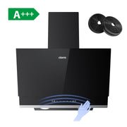 Black CIARRA range hood with a glass front, shown on a white background with two black filters, a green A+++ rating badge, and a blue hand icon near the control panel.