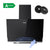 Black CIARRA range hood with a glass front, shown on a white background with two black filters, a green A+++ rating badge, and a blue hand icon near the control panel.