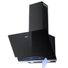 Black glass CIARRA cooker hood with a tall chimney and angled front panel, shown on a white background with a blue airflow graphic near the control panel.