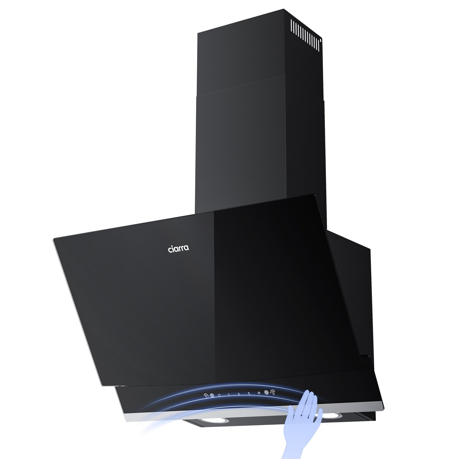 Black glass CIARRA cooker hood with a tall chimney and angled front panel, shown on a white background with a blue airflow graphic near the control panel.