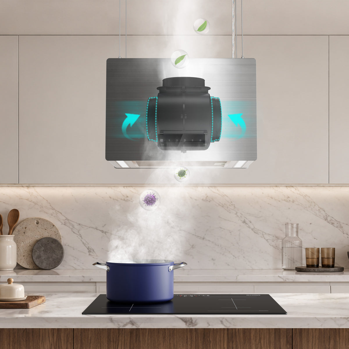 CIARRA 48cm Island Cooker Hood for Open-Plan Kitchens, Recirculating, App Control, A+++ | CBCG4850-N