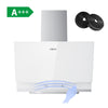 White 60cm angled wall‑mounted CIARRA CBCW6736A cooker hood, 710 m³/h airflow, gesture control, ducted‑recirculating convertible, A+++ energy rating with carbon filter accessories display

