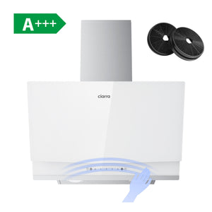 White 60cm angled wall‑mounted CIARRA CBCW6736A cooker hood, 710 m³/h airflow, gesture control, ducted‑recirculating convertible, A+++ energy rating with carbon filter accessories display

