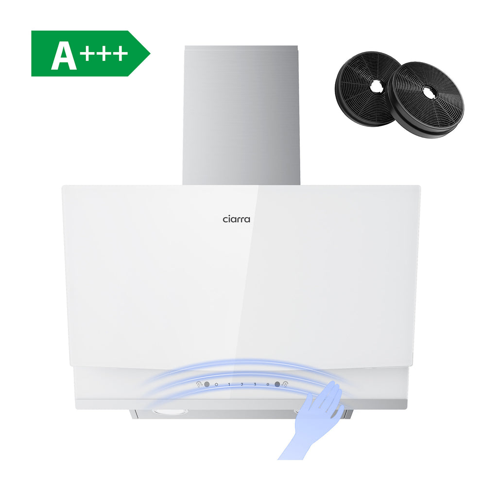White 60cm angled wall‑mounted CIARRA CBCW6736A cooker hood, 710 m³/h airflow, gesture control, ducted‑recirculating convertible, A+++ energy rating with carbon filter accessories display
