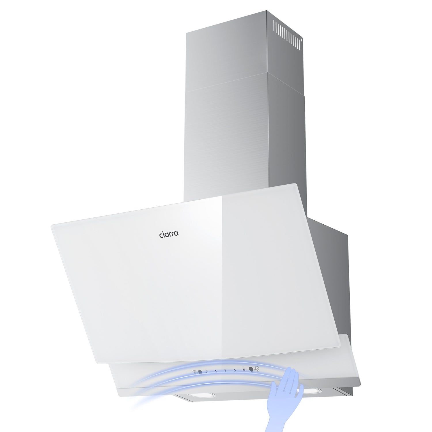 White 60cm angled wall‑mounted CIARRA CBCW6736A cooker hood, 710 m³/h extraction power, gesture‑sensing hands‑free control, ducted & recirculating ventilation, product feature render for home cooking
