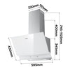 White 60cm angled wall‑mounted CIARRA CBCW6736A cooker hood, 710 m³/h suction, gesture control, dual ventilation modes, dimensional technical drawing for kitchen installation planning
