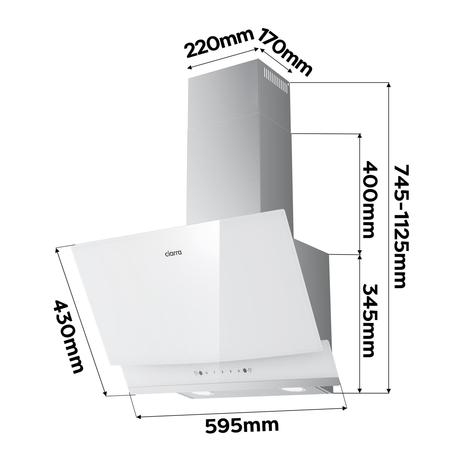White 60cm angled wall‑mounted CIARRA CBCW6736A cooker hood, 710 m³/h suction, gesture control, dual ventilation modes, dimensional technical drawing for kitchen installation planning
