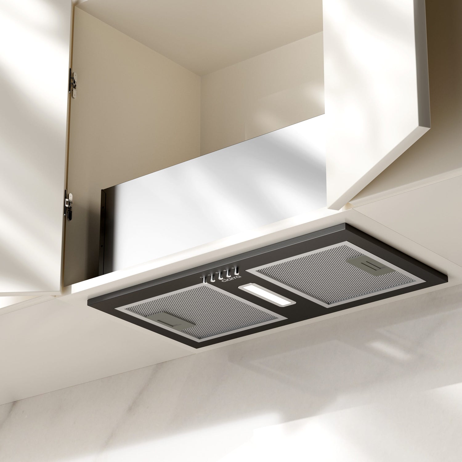 CIARRA CBCB5937A-OW exposed built-in hood with cabinet door open