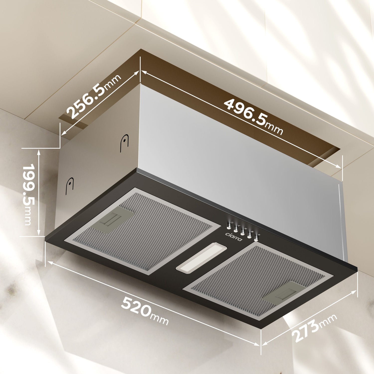 CBCB5937A-OW CIARRA built-in cooker hood mounting size layout