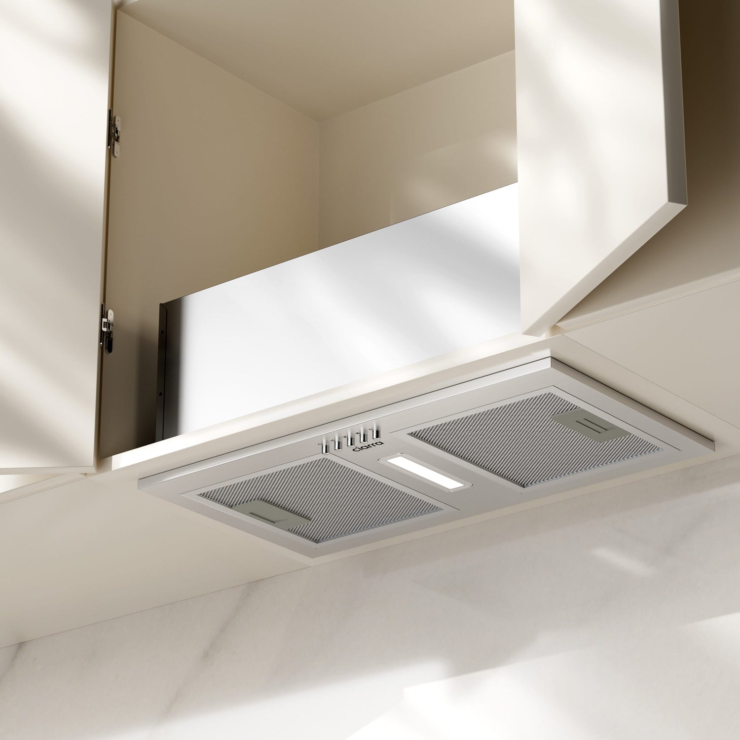 Exposed CIARRA CBCS5937A-OW integrated hood with cabinet door open