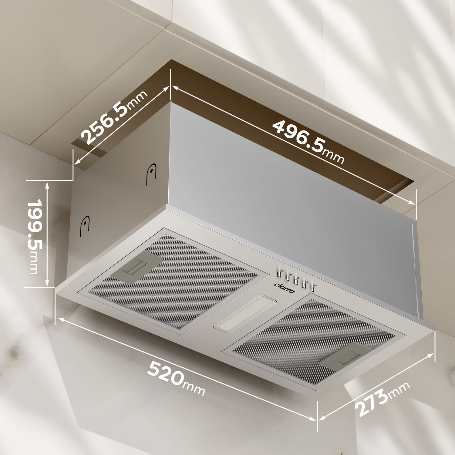 Mounting dimension diagram for CIARRA CBCS5937A-OW 52cm insert hood