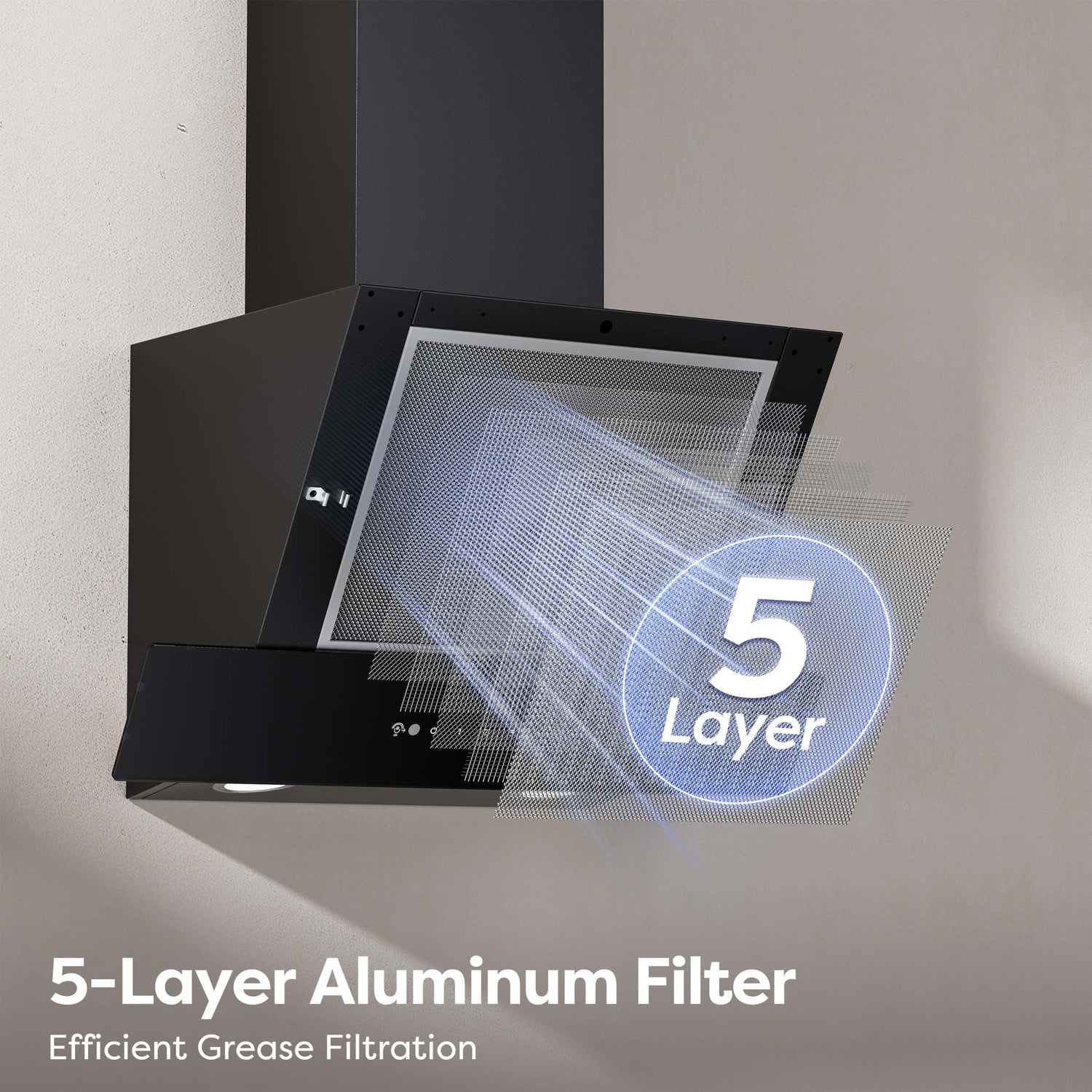 Black CIARRA cooker hood with a transparent graphic overlay showing a 5-layer aluminium filter and text reading '5-Layer Aluminum Filter' and 'Efficient Grease Filtration'.