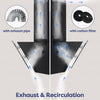 A product graphic showing exhaust and recirculation airflow with two circular inset callouts: one labelled 'with exhaust pipe' showing a silver flexible duct, and one labelled 'with carbon filter' showing two black circular filters. The main diagram uses blue arrows to illustrate airflow around a black diffuser panel, with the text 'Exhaust & Recirculation' at the bottom.