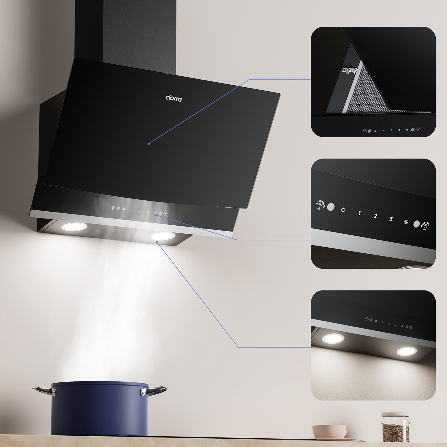 Black CIARRA cooker hood mounted on a light-colored wall above a blue pot, with three detail inset images on the right showing the hood's texture, control panel, and steam output.