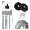 CIARRA cooker hood filter kit including two black circular filters, silver metal mounting brackets, a white power cord, wall anchors and screws, and a silver flexible duct, shown with the product box on a white background.