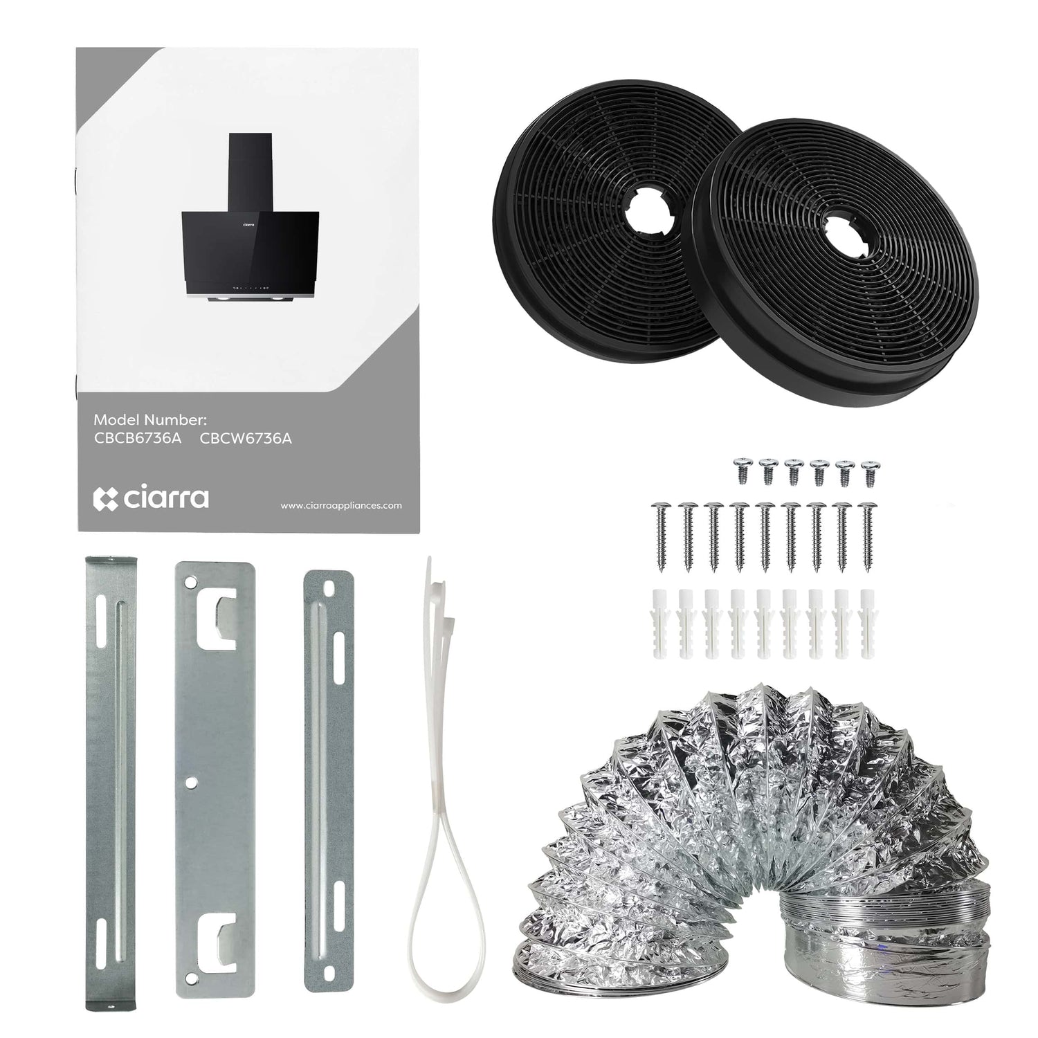 CIARRA cooker hood filter kit including two black circular filters, silver metal mounting brackets, a white power cord, wall anchors and screws, and a silver flexible duct, shown with the product box on a white background.