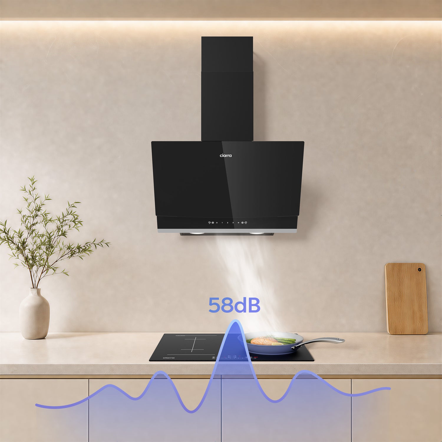 A black wall-mounted CIARRA cooker hood installed above a stovetop in a modern kitchen setting. The image includes a blue sound wave graphic and the text '58dB' to illustrate noise level, with decorative props like a vase with greenery and a wooden cutting board on the counter.
