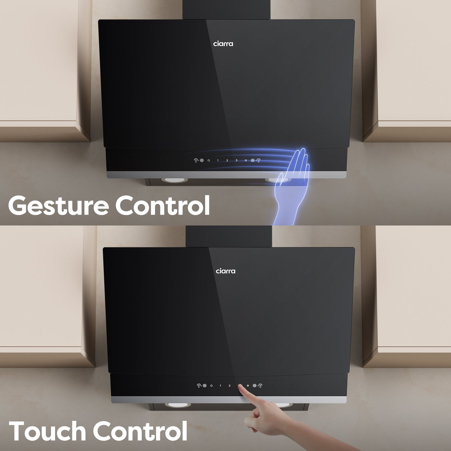 A split comparison showing a black Cloraa range hood with two control methods: top panel labeled 'Gesture Control' with a blue hand gesture graphic, and bottom panel labeled 'Touch Control' with a finger touching the front panel.