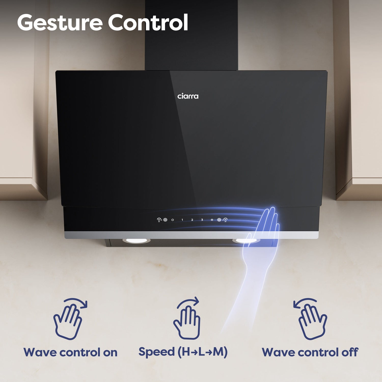 Black CIARRA cooker hood with gesture control graphics and text overlays showing wave control, speed, and wave control off.