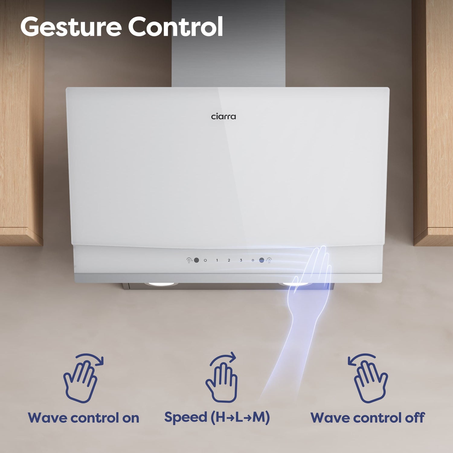White 60cm angled wall-mounted CIARRA CBCW6736A cooker hood, fitted with angled cooker hood framework, 710 m³/h suction, gesture control function and ducted/recirculating modes, for hands-free light adjustment while cooking in residential kitchens
