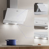 A white CIARRA cooker hood mounted on a beige wall above a cooktop with a blue pot, with three inset detail views showing the hood's features and controls.