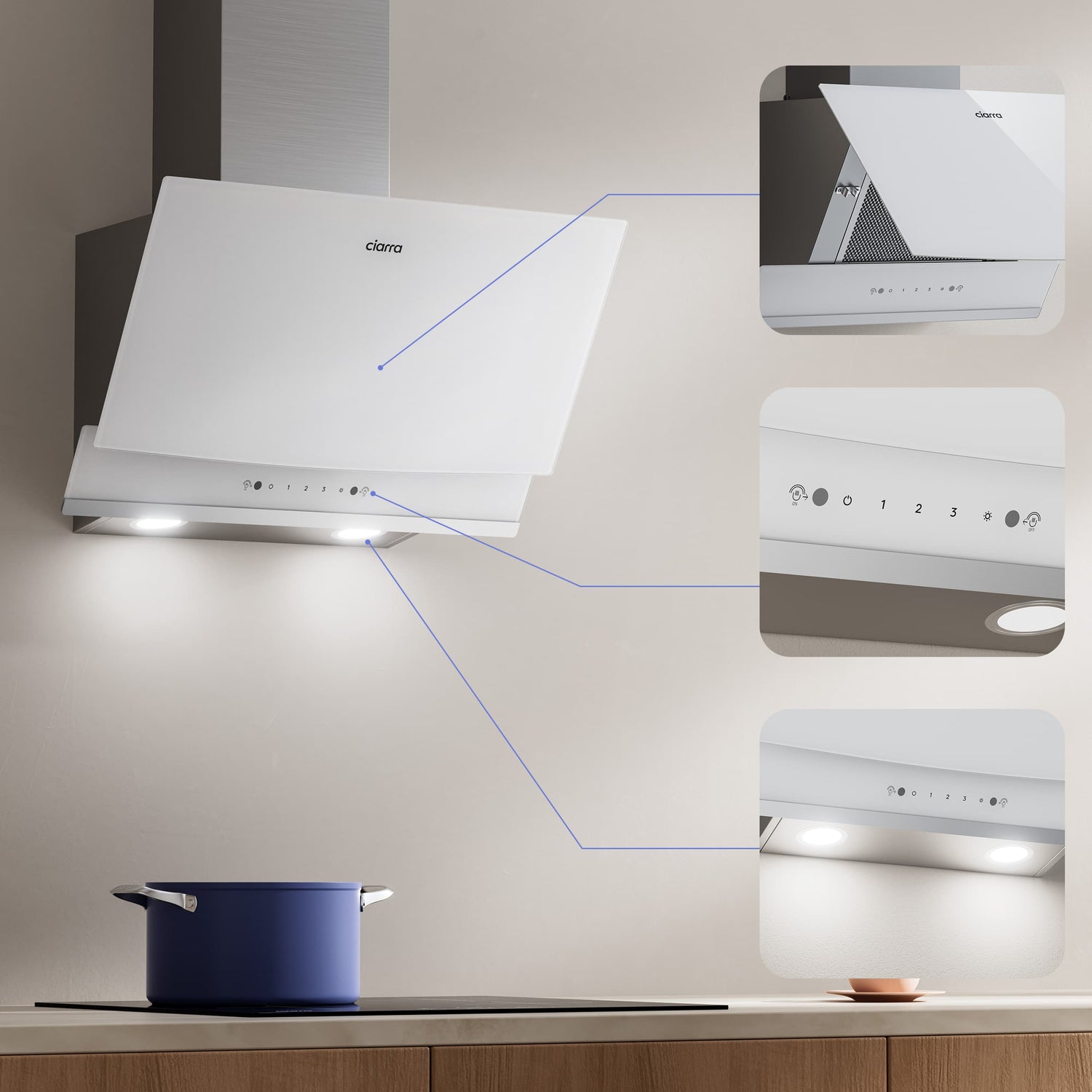 A white CIARRA cooker hood mounted on a beige wall above a cooktop with a blue pot, with three inset detail views showing the hood's features and controls.