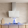 White 60cm angled wall‑mounted CIARRA CBCW6736A cooker hood, 710 m³/h airflow, gesture control, dual ventilation modes, visual noise‑level diagram for quiet domestic kitchen operation
