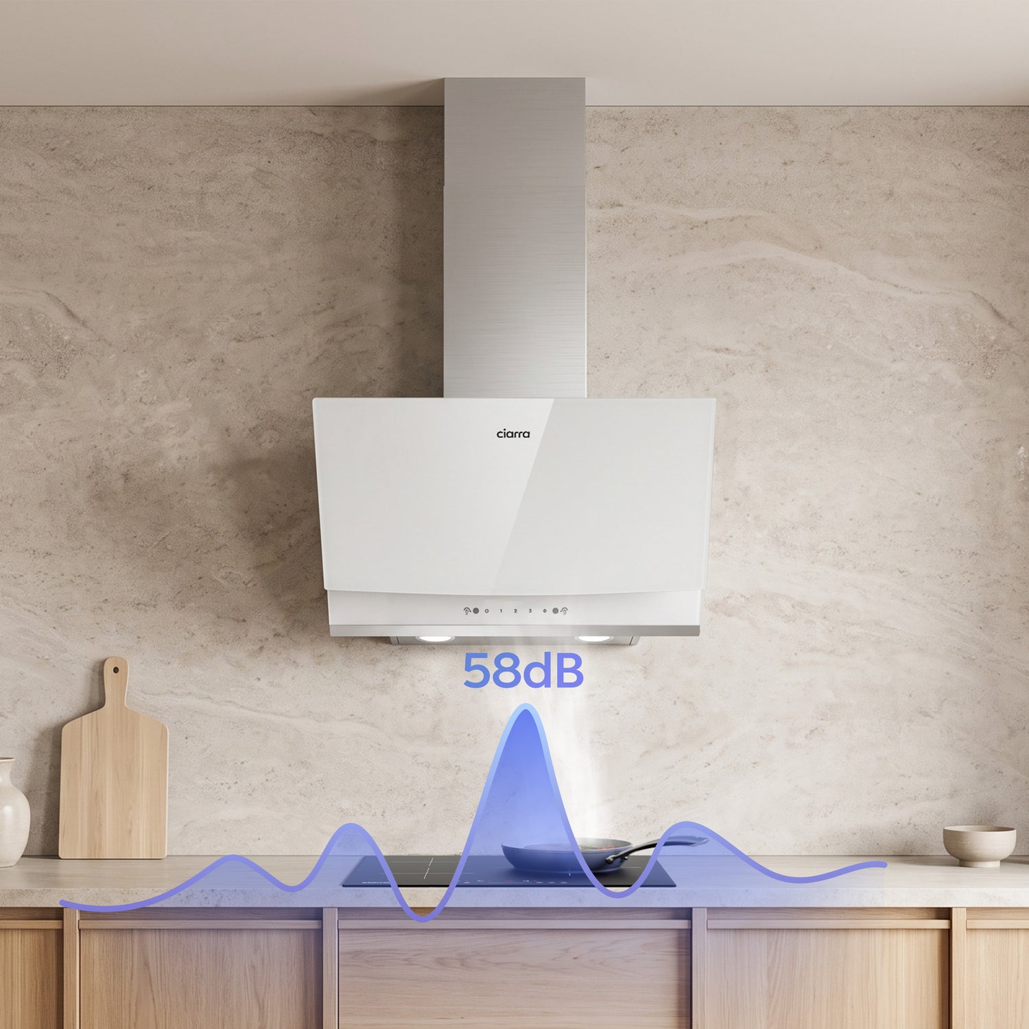 White 60cm angled wall‑mounted CIARRA CBCW6736A cooker hood, 710 m³/h airflow, gesture control, dual ventilation modes, visual noise‑level diagram for quiet domestic kitchen operation
