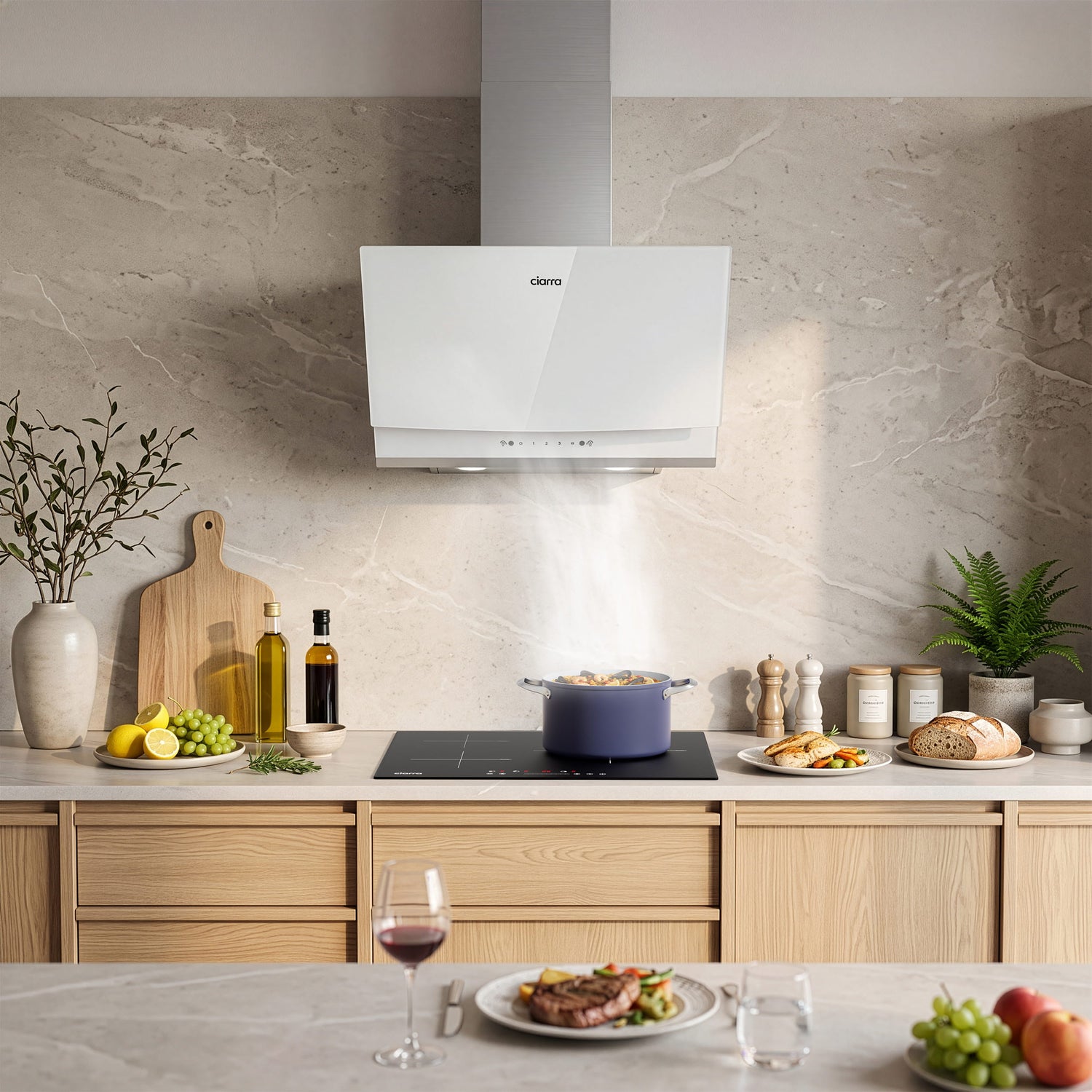 White 60cm angled wall‑mounted CIARRA CBCW6736A cooker hood, 710 m³/h suction power, gesture control, dual ducted‑recirculating ventilation, fitted wooden home kitchen cooking extraction scene
