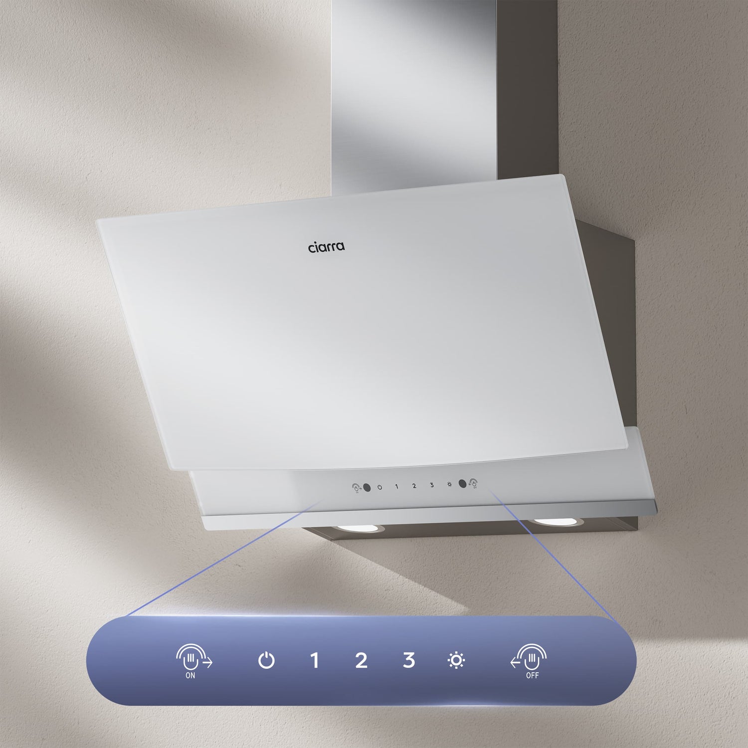 White 60cm angled wall‑mounted CIARRA CBCW6736A cooker hood, 710 m³/h extraction rate, gesture control interface, ducted & recirculating modes, close‑up view of control panel for domestic kitchen appliance
