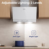 White 60cm angled wall-mounted CIARRA CBCW6736A cooker hood including angled cooker hood construction, 710 m³/h extraction rate, gesture control lighting operation and ducted/recirculating modes, offering two brightness levels for food preparation illumination in home kitchens
