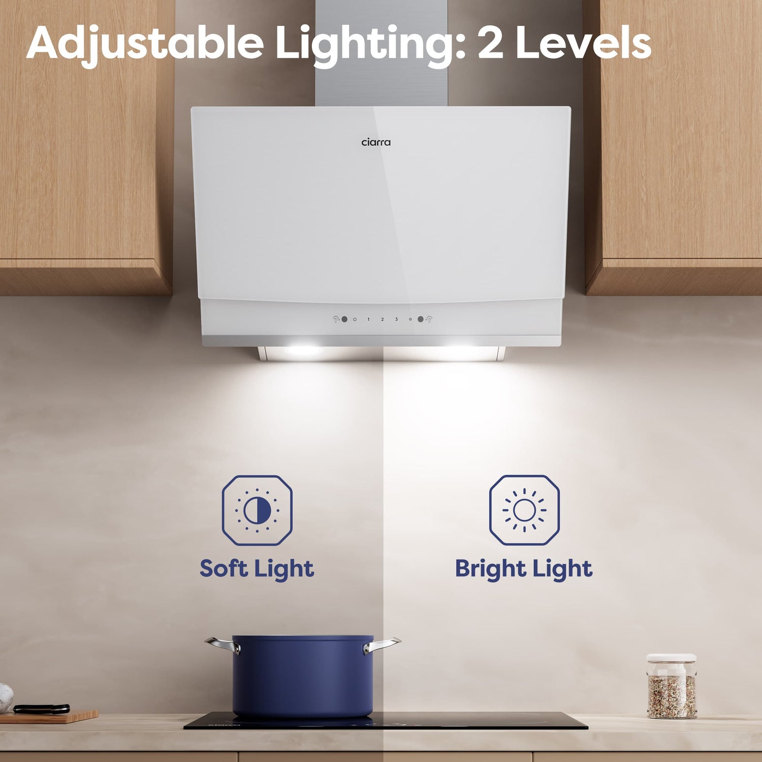 White 60cm angled wall-mounted CIARRA CBCW6736A cooker hood including angled cooker hood construction, 710 m³/h extraction rate, gesture control lighting operation and ducted/recirculating modes, offering two brightness levels for food preparation illumination in home kitchens
