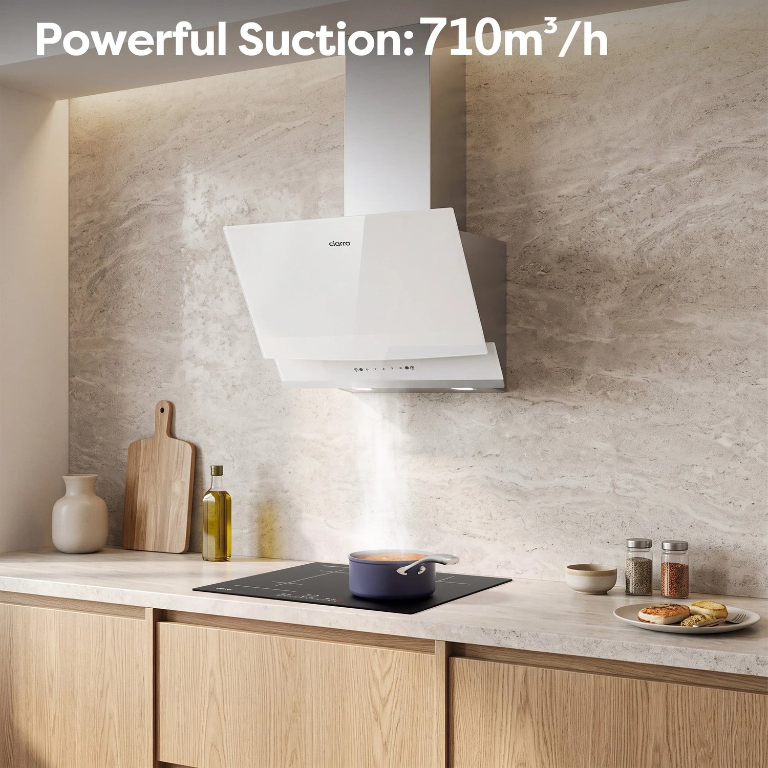 White 60cm angled wall-mounted CIARRA CBCW6736A cooker hood with angled cooker hood structure, powerful 710 m³/h extraction, gesture control and dual ventilation systems, installed in stylish fitted kitchens for everyday culinary fume removal
