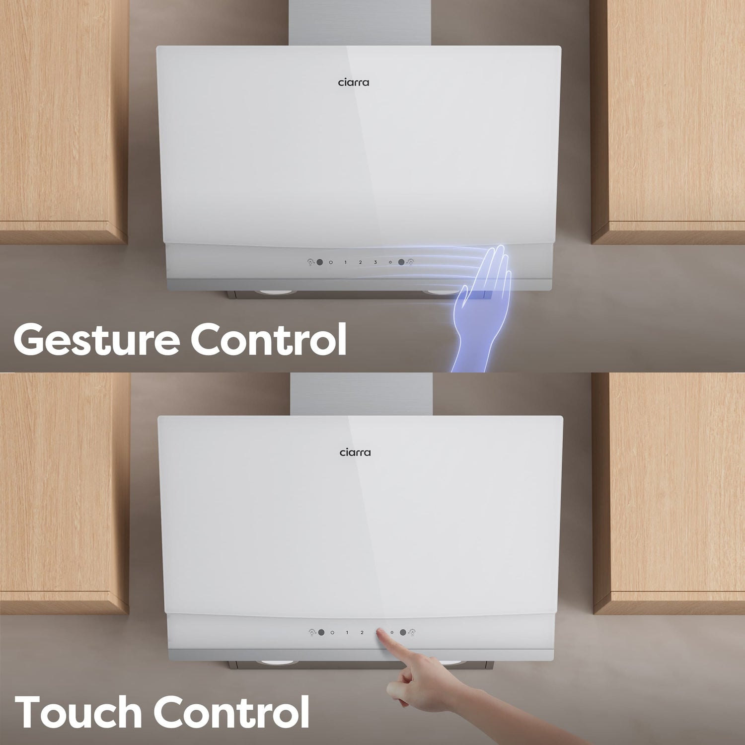 White 60cm angled wall-mounted CIARRA CBCW6736A cooker hood adopting angled cooker hood design, 710 m³/h airflow, gesture control speed regulation and dual ventilation modes, enabling touch-free fan speed adjustment during daily cooking

