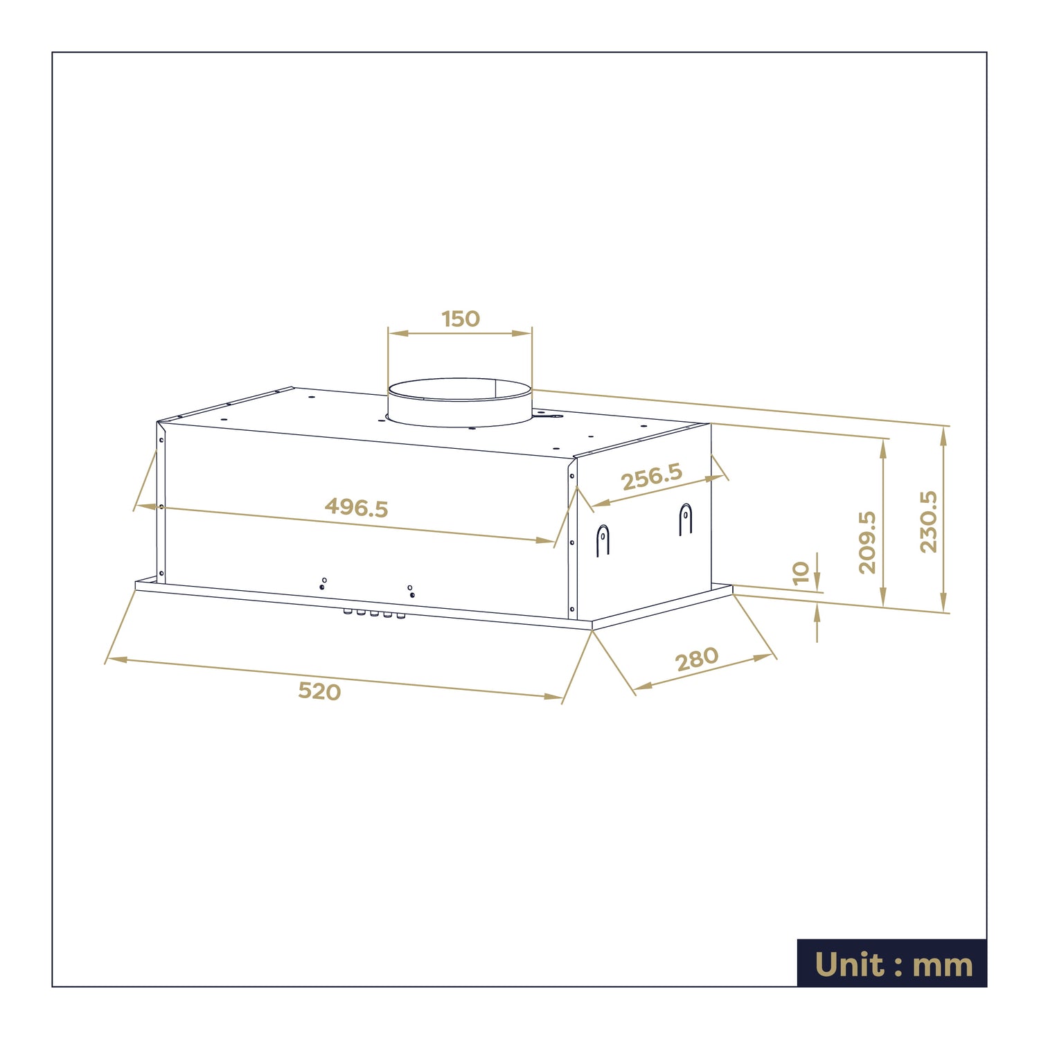 Technical dimension schematic for CBCS5937A-OW CIARRA insert hood