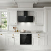 Ciarra 90cm black slant chimney hood with smooth glossy glass surface and modern minimalist design.
