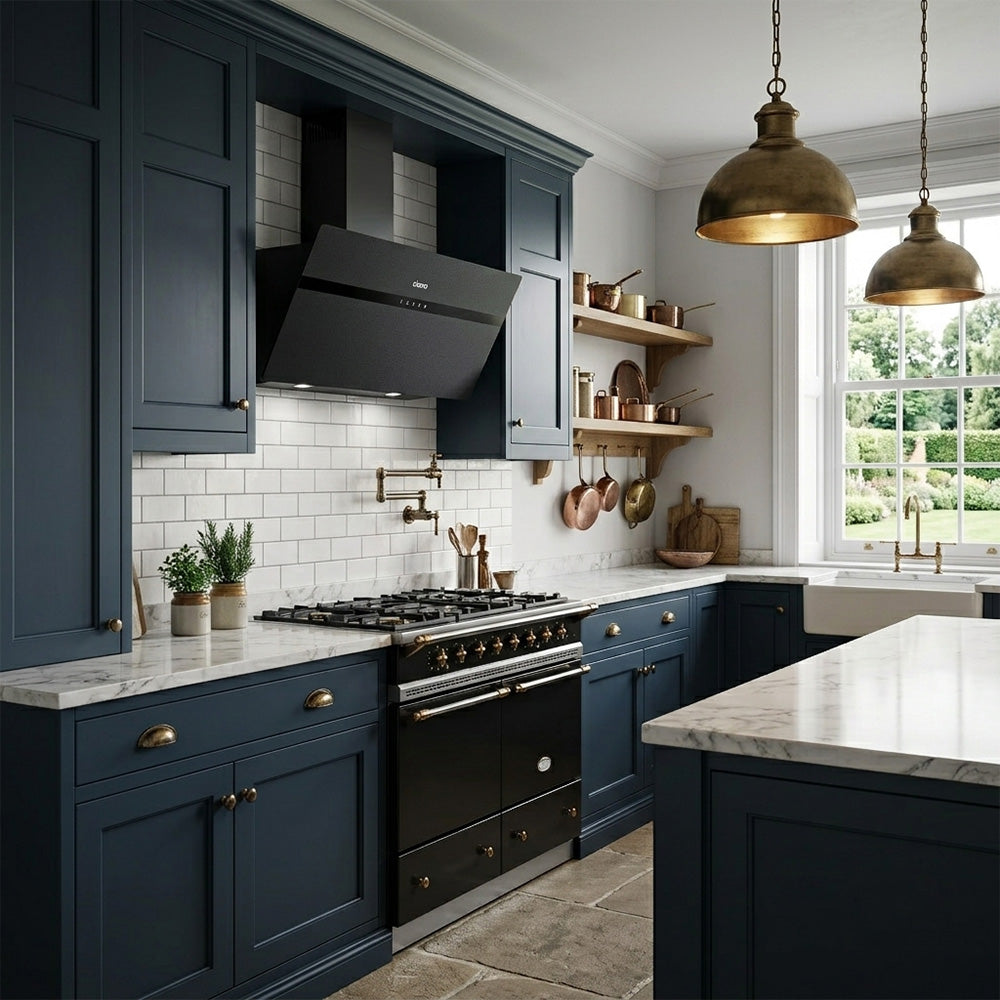 Ciarra 90cm black angled wall-mounted extractor hood showcased in a modern farmhouse kitchen design.