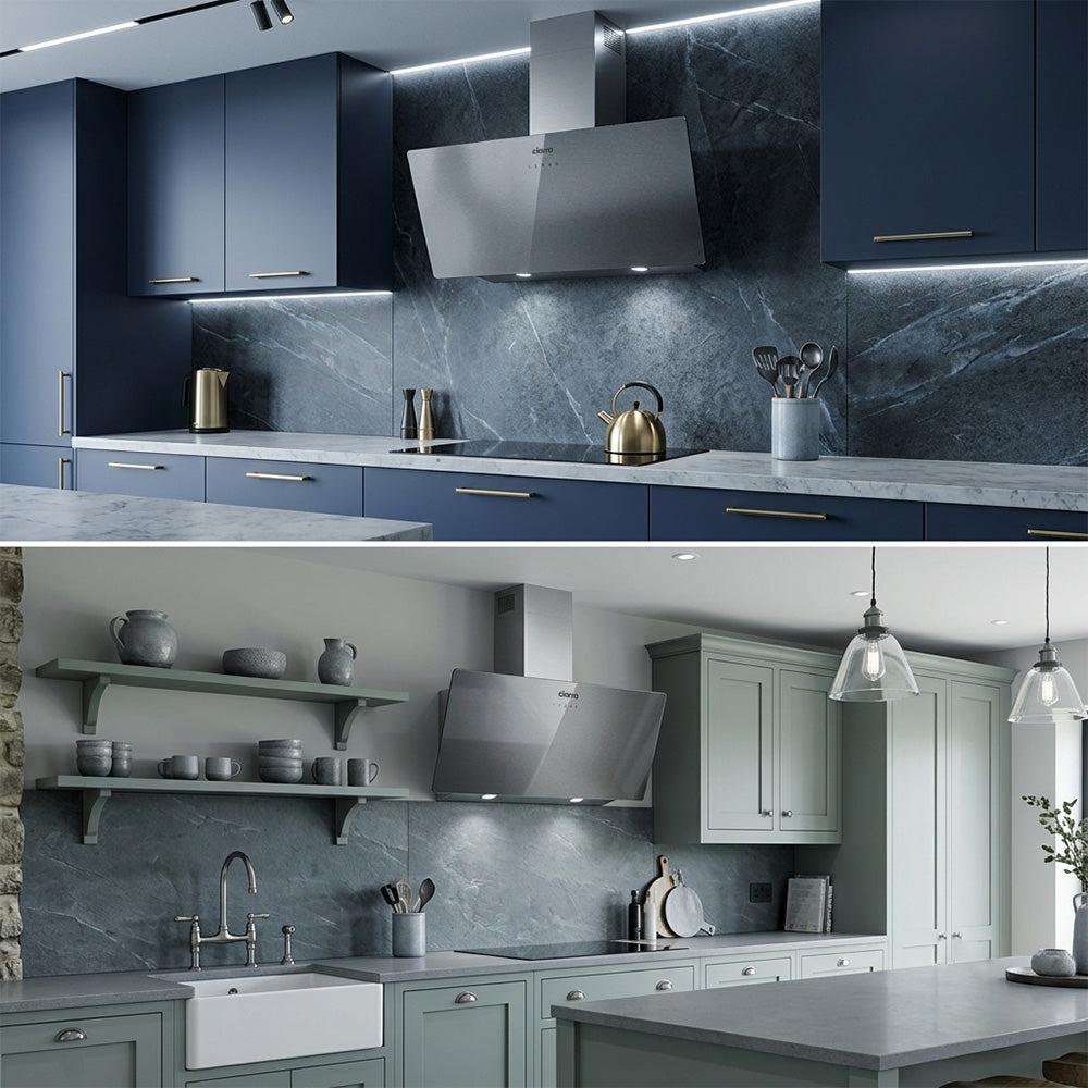 Ciarra 90cm angled glass cooker hood in a side-by-side lifestyle setup, demonstrating its modern minimalist design.